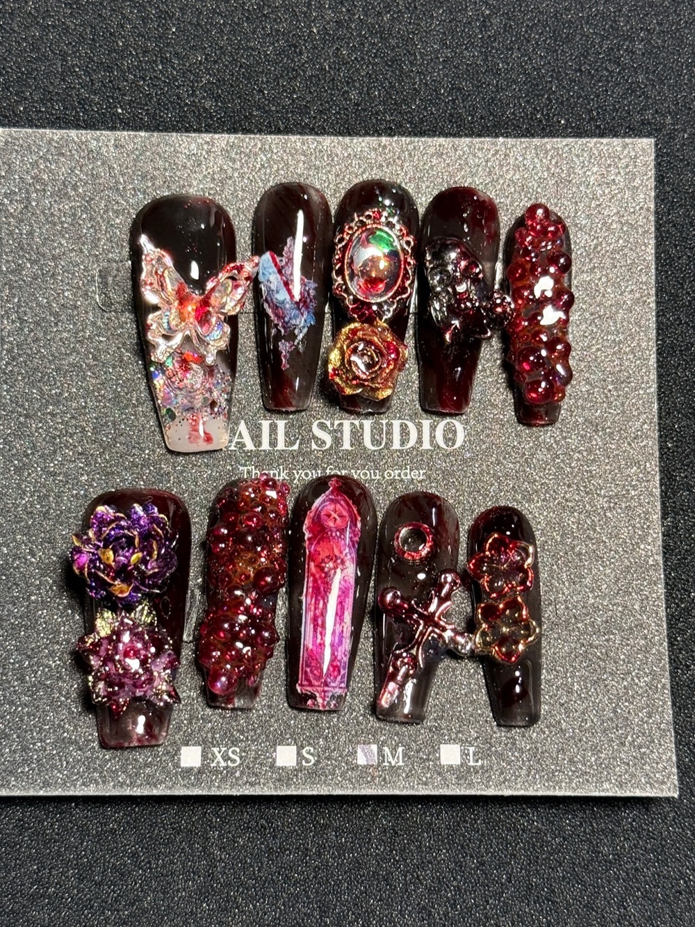 Handmade 3D Gothic Press On Nails Set - Vampy Blood Red & Black Butterfly Cross